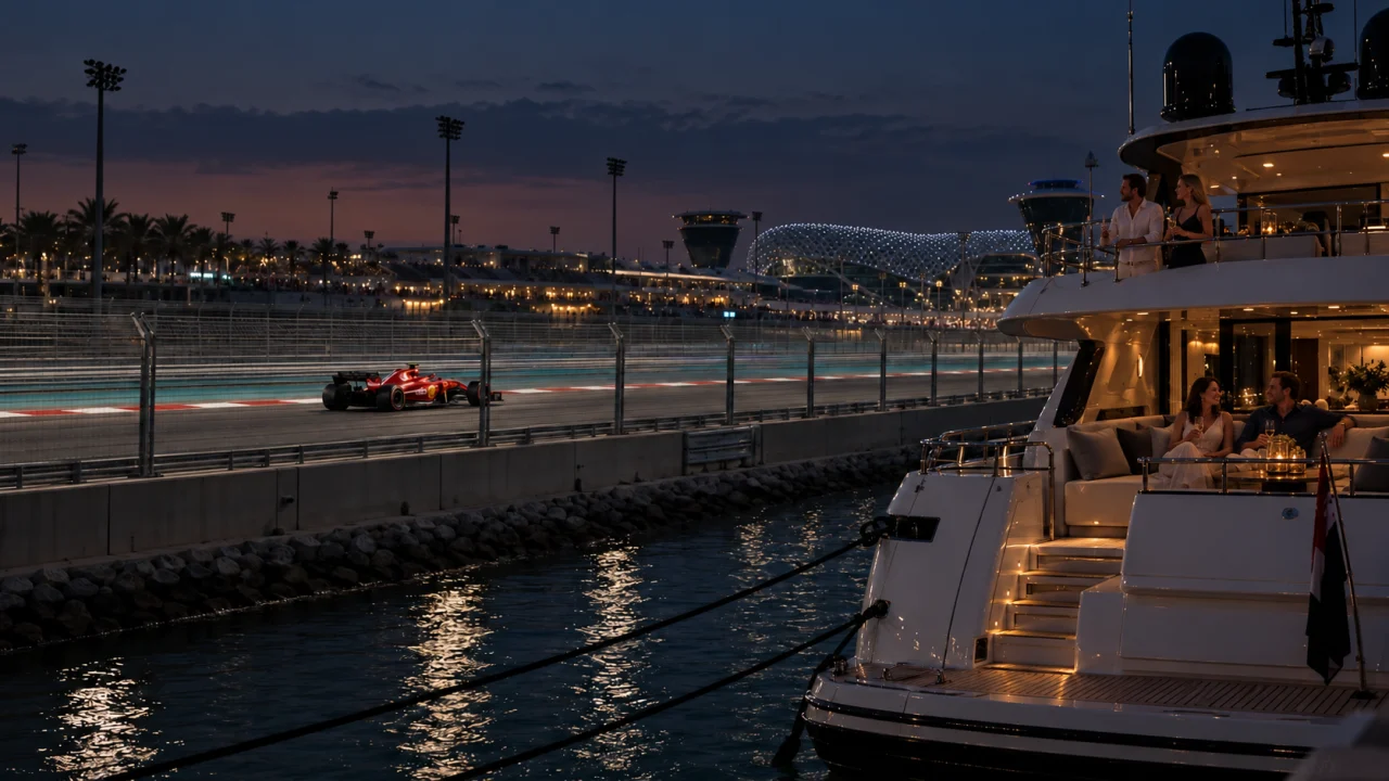 Guests relaxing on a trackside yacht at Yas Marina at dusk, with a Formula 1 race car and unlit circuit floodlights