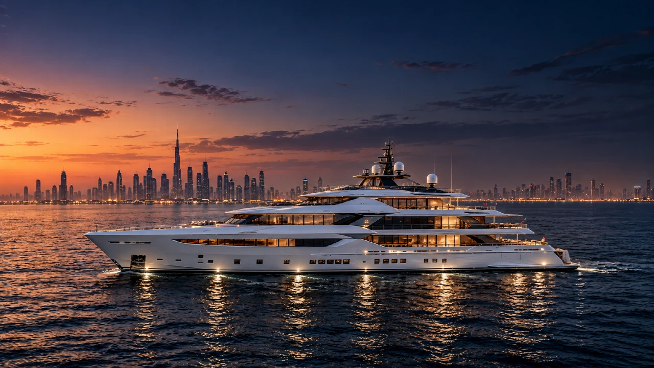 Side profile of a luxury yacht against the Dubai skyline at sunset