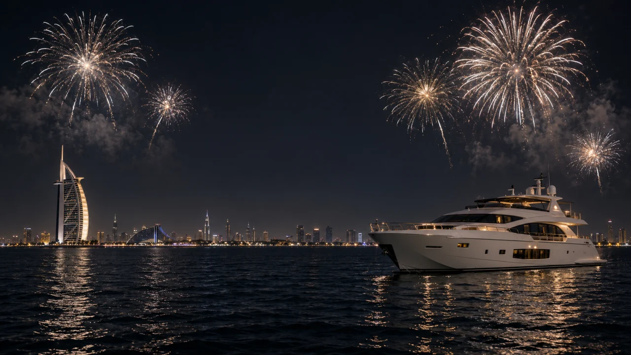 New Year fireworks above a luxury yacht and the Burj Al Arab on the Dubai coast