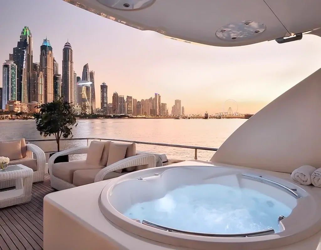 Jacuzzi and lounge deck on an Elite Pearl Charter yacht with the Dubai Marina skyline glowing at dusk